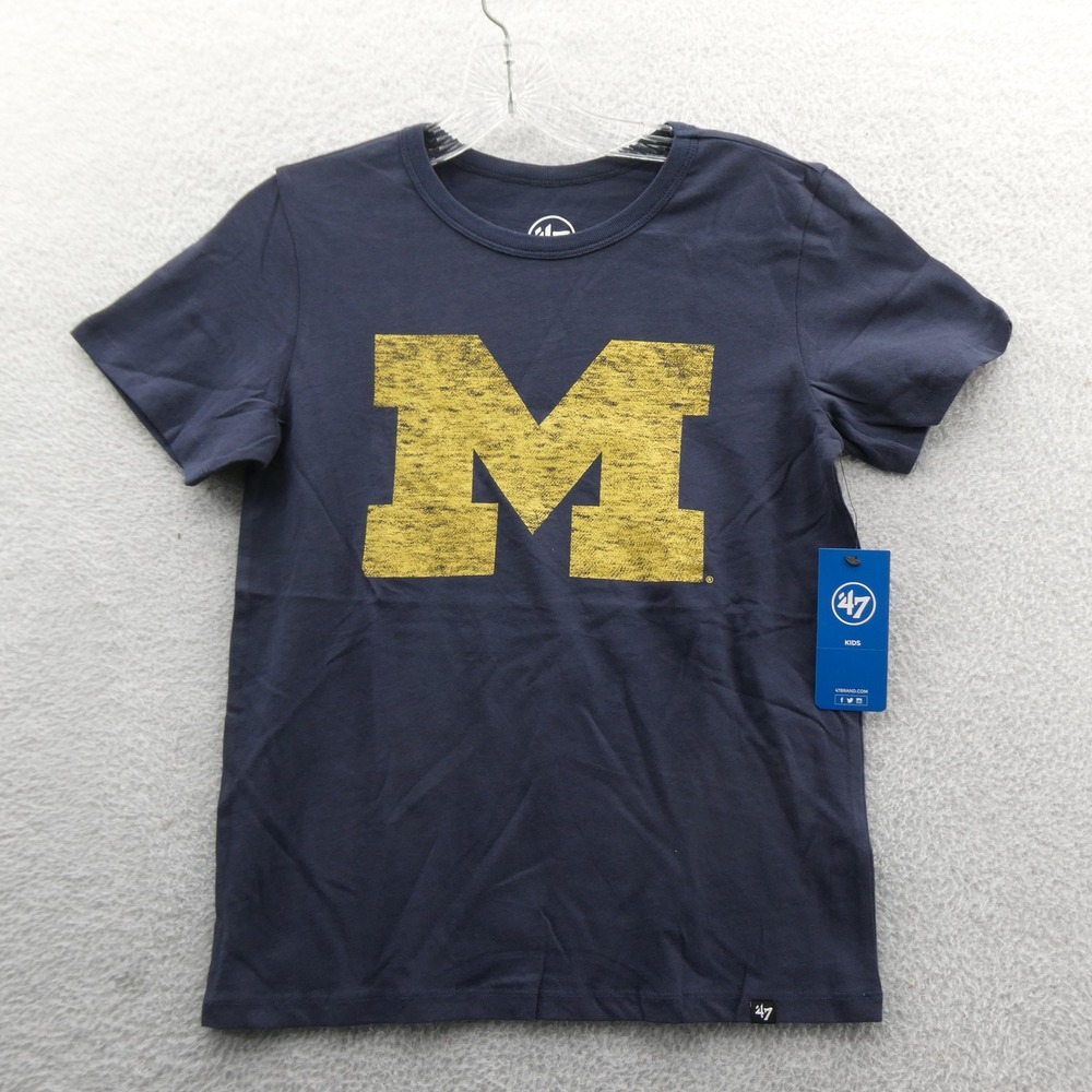 47 Brand Shirt Kids Large Michigan Wolverines Navy Blue Logo 100% Cotton